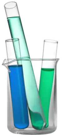 Three test tubes with blue and green liquid in them inside a beaker
